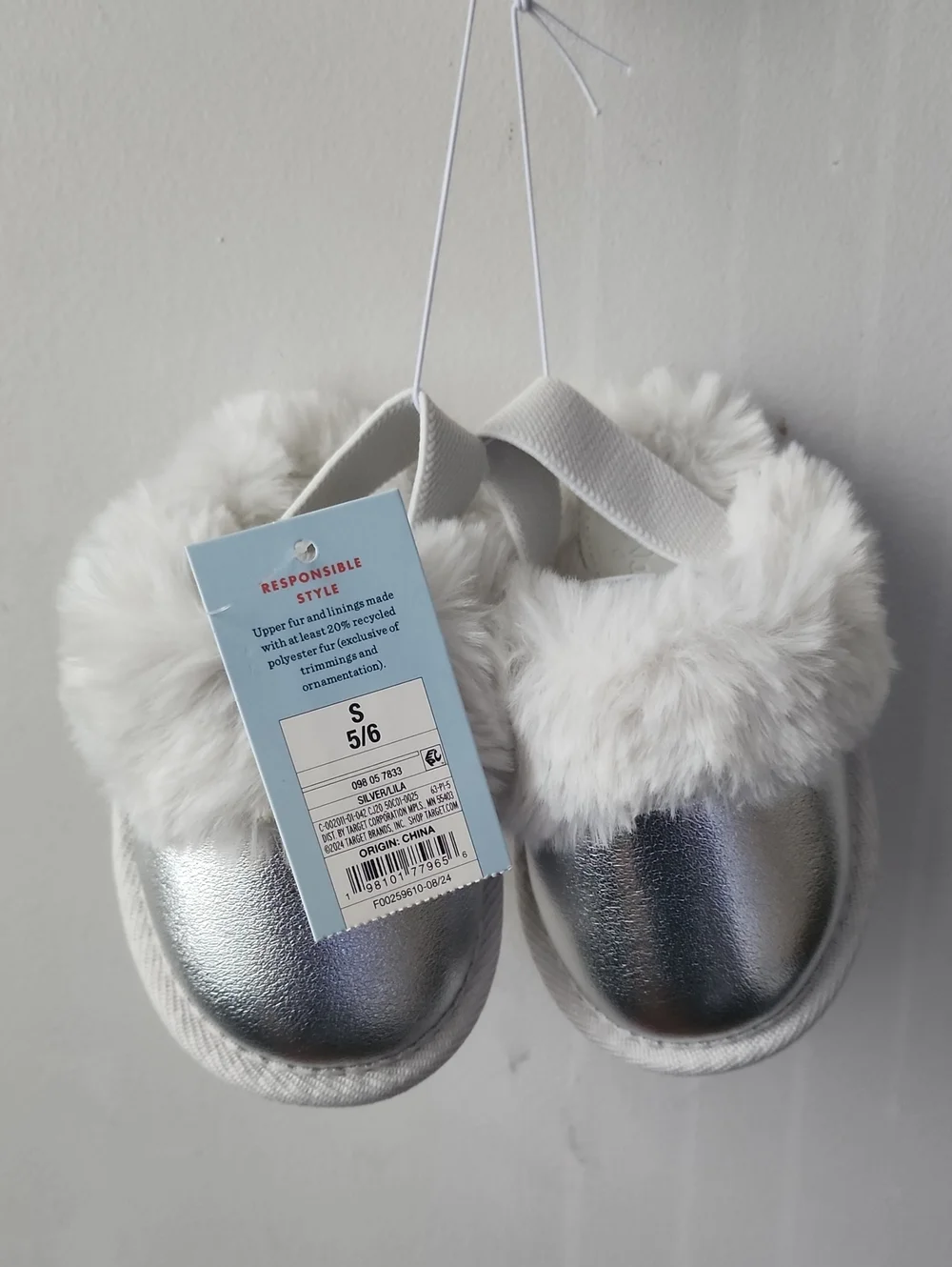 Cat & Jack Silver Metallic Slip-On Slippers with White Faux Fur Trim